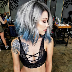 Ombre <strong>Blue</strong> <strong>Wig</strong> Short Bob <strong>Wigs</strong> for Women, Dark Roots Side Part Short Wavy Grey <strong>Wigs</strong>, Synthetic Heat Resistant Cosplay <strong>Wigs</strong> - Product Image 1