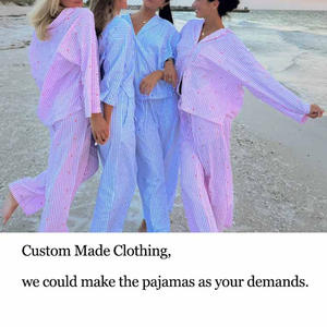 Collezione Autunnale Pigiama Set All'Ingrosso con Logo Personalizzato a Maniche Lunghe Ricamato Abbigliamento da Casa in Seersucker a Righe con Vita Elasticizzata e Cuori - Product Image 4