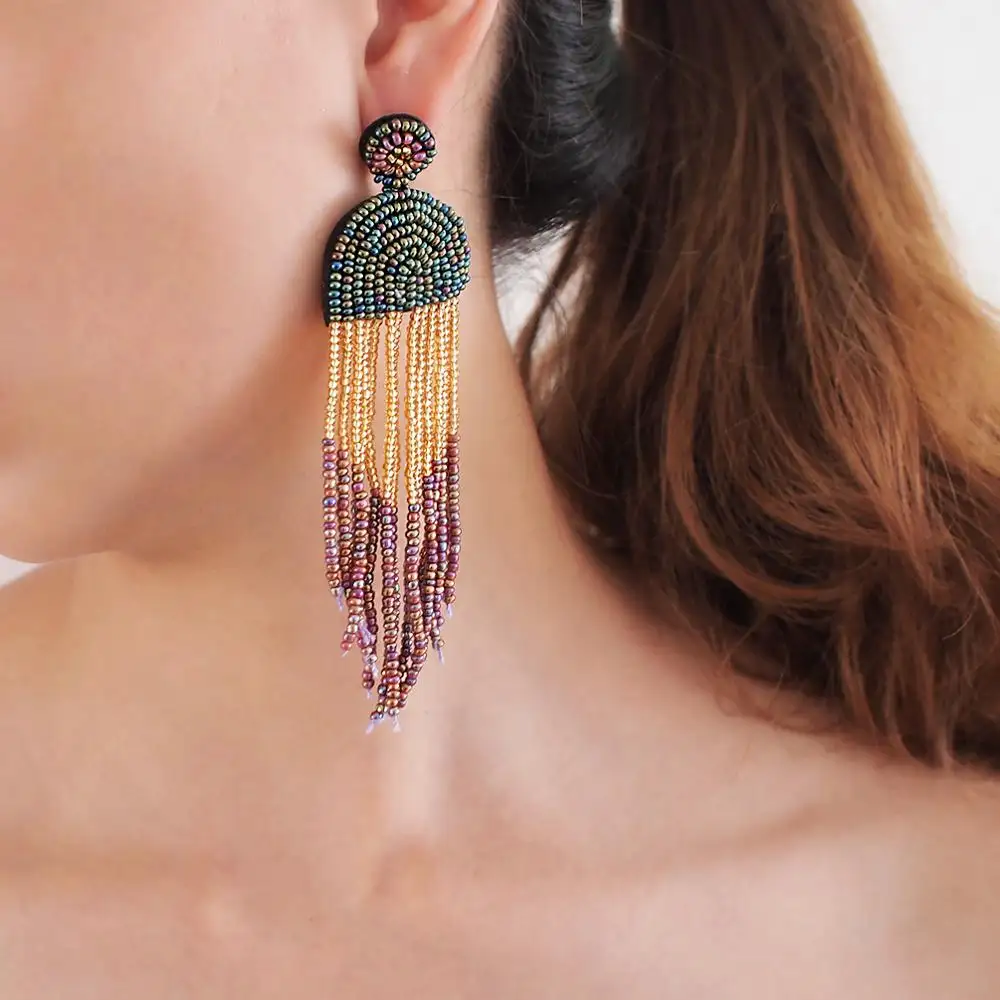 HANSIDON High quality handmade bohemian fashion long seed beads tassel earrings resin women jewelry