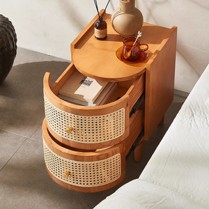 Solid Wood Rattan Bedside Table With <b>Drawers</b> Storage Cabinet Minimalist Nordic Style Nightstand For Bedroom - Product Image 4