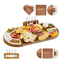 Plateau de service à fromage magnétique personnalisé en 3 parties, en bois d'acacia, grand plateau à charcuterie avec support pour 4 couteaux