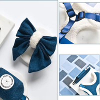 Accessoires pour chiots : Ensemble de harnais pour chien en denim et peluche avec logo en caoutchouc personnalisé, kit de laisses et colliers pour animaux de compagnie – Fabricant