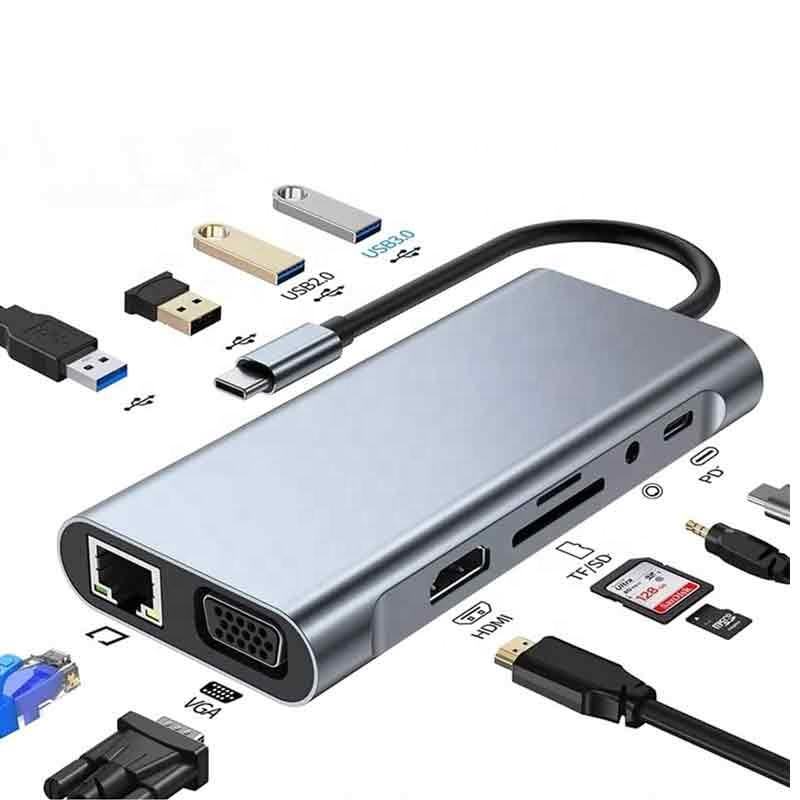 11-in-1 Usb c Hub Gigabit Ethernet 1000Mbps ty Pe-c to Hdmi-compatible Vga 1000m Rj45 Pd 100w Usb 3.0 Hub Multiport Type C HUB