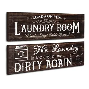 2 Pcs Laundry Room Wooden Signs Decor Rustic Family Wall Decor Sign