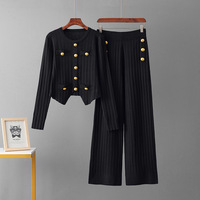 Ensemble Hiver Personnalisé pour Femme, Deux Pièces, Cardigan en Maille Boutons Dorés, Pantalon Large Couleur Unie