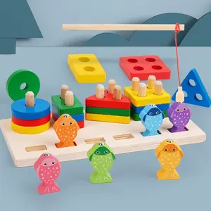 COMMIKI 2 In 1 Montessori Preschool Educational Shape Cognition Sorter Funny Fishing Toy Building Block Wooden Toy Science