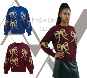 Elegante Maglione da <span class=keywords><strong>Donna</strong></span> <span class=keywords><strong>Bordeaux</strong></span> con Fiocco Dorato 3D Applicato, Ricamo e Collo a V Arricciato, Pullover Lavorato a <span class=keywords><strong>Maglia</strong></span> - Product Image 3