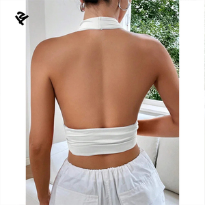 Ladies <strong>White</strong> Deep V Neck Halter Crop <strong>Top</strong> Femme Custom Slim Fit Stretchy Sexy Summer <strong>Backless</strong> <strong>Tops</strong> for Women - Product Image 2