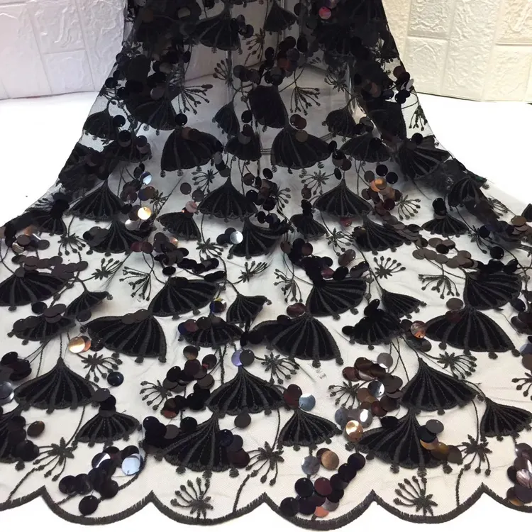 Женское платье черного цвета с вышивкой, бархатная сетчатая кружевная ткань с пайетками, Африканский бархат на фатиновой кружевной ткани