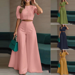 ชุดเซ็ตเสื้อครอปแขนกุดติดกระดุมกับกางเกงขายาวทรงกว้างสำหรับผู้หญิง ชุดสูทสองชิ้นสำหรับใส่ทำงานประจำวัน ผ้าสแปนเด็กซ์/โพลีเอสเตอร์ - Product Image 5