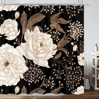 Rideau de douche noir floral rustique Boho, feuilles d'aquarelle vintage avec fleurs rideau de douche de décoration de salle de bain avec crochets