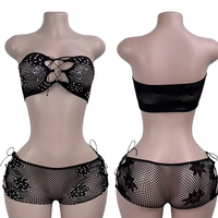 Viviblook Z206ST01 Ensemble de lingerie sexy pour femme, haut court sans bretelles avec strass, short à lacets, ensemble deux pièces en tricot ajouré