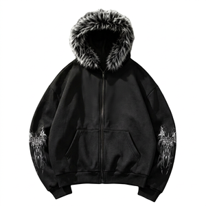 Mens Black Gothic <b>Zip</b> <b>Up</b> <b>Hoodie</b> Fur Hood Tribal Y2K <b>Graphic</b> Oversized Streetwear Baggy Hip Hop Hooded Sweatshirt Jacket - Product Image 1