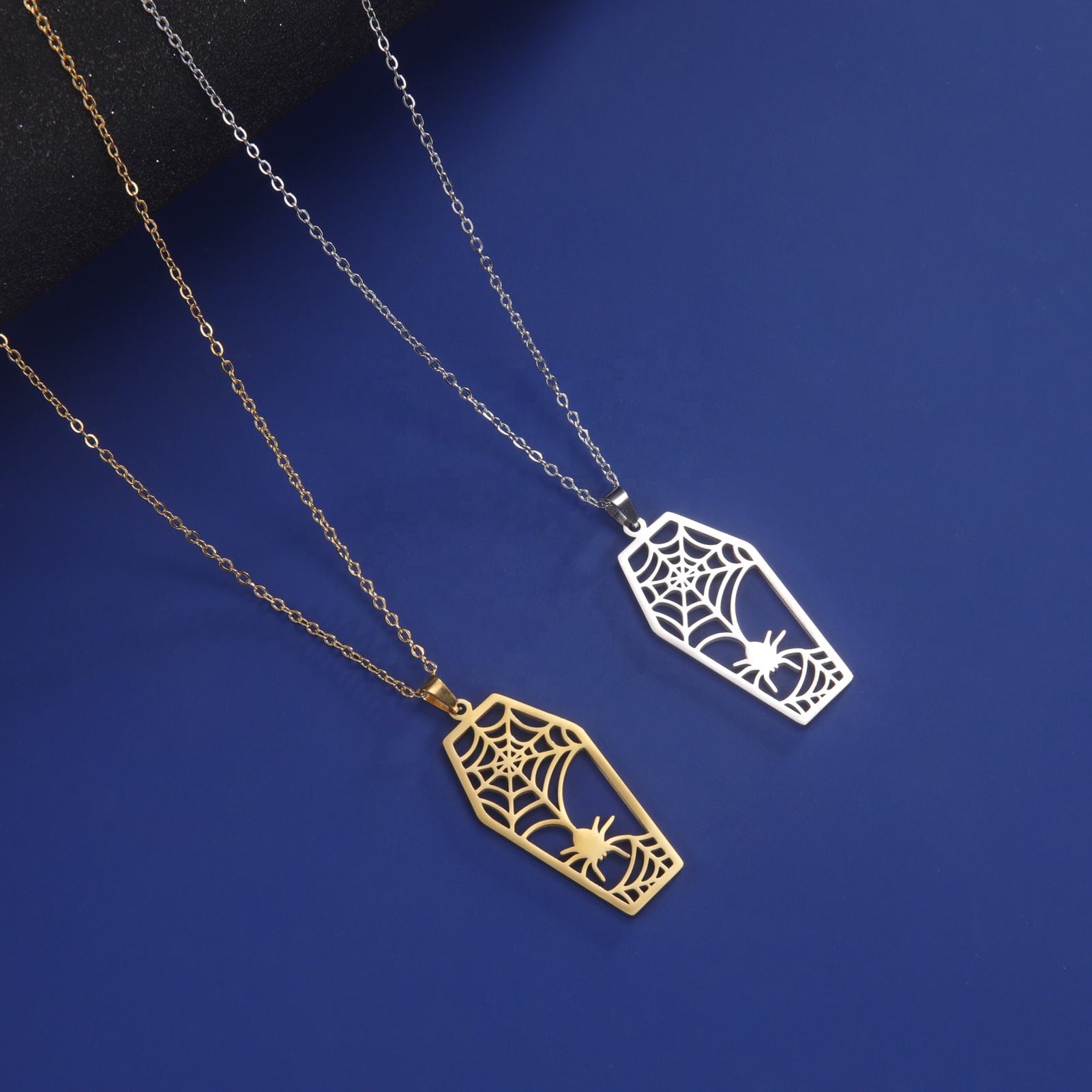 Goth Bat Coffin Pendant Necklace Women Stainless Steel Neck Chain Gothic  Ghost Spider Web Halloween Party Jewelry Gift