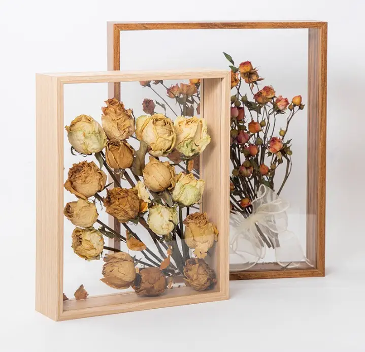 Double Sided Glass Picture Floating Photo Frame Transparent Wooden Wall Art Three-dimensional specimen frame for storing flower