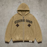 Sweat à capuche zippé kaki personnalisé pour homme avec motif géométrique étoile et lettres gothiques, ourlet moucheté, fabrication OEM ODM