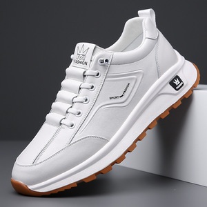 Zapatillas Deportivas de Piel Blancas para Hombre, Suela Gruesa, Tacón Bajo, Estilo Casual, con Cordones Delanteros, Color Sólido - Product Image 1