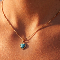 Pendentif Cœur Turquoise pour Femme, Collier à Chaîne à Billes Plaqué Or en Acier Inoxydable 304, Réglable, Fait Main