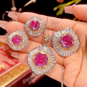 Fashion Jewelry Eco-friendly Copper Gold Plated 14-10MM Zircon Floral <b>Bridal</b> Necklace Earrings Ring Set with Pink Stones Wedding - Product Image 3