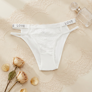 Culotte de bikini en dentelle blanche pour femme, avec ceinture imprimée LOVE en strass, fines bretelles latérales, taille basse, lingerie sexy pour femme - Product Image 2