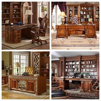 Table de bureau exécutive en bois sculpté rouge, grande taille, avec chaise de bureau en cuir de vachette, idéale pour le bureau et la salle d'étude - Vente chaude