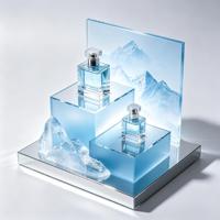 Présentoir en acrylique bleu à niveaux personnalisé en gros, vitrine transparente en acrylique pour parfums et cosmétiques avec base miroir