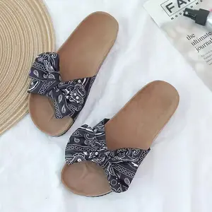 Wholesale cheap price high quality slippers plus size bowknot flat slides slip on spandex sandals summer spring trendy chic shoe