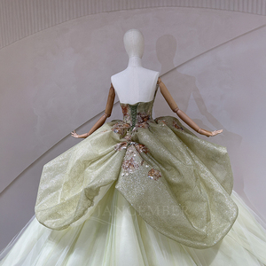 Spjy002 Elegante Vestido de Quinceañera Verde Claro, Sin Tirantes, con Corsé, Apliques de Flores con Lentejuelas, Vestido de Tul con Falda Abultada, Jancember - Product Image 4