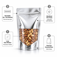 Sachet Doypack Holographique Imprimé Personnalisé avec Fenêtre Transparente et Fermeture Zip Refermable pour Emballage de Noix et Snacks, Qualité Alimentaire, Vente en Gros