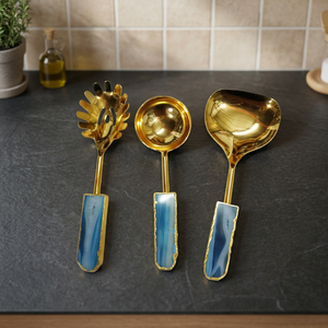 ชุดช้อนเสิร์ฟ 3 ชิ้น ทำด้วยมือจากหินอาเกตสีเขียว ยี่ห้อ KAMAL AGATE EXPORTS งานฝีมือแกจราติแกะสลัก - Product Image 2