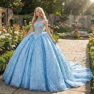 Vestido de Quinceañera Azul Cielo de Lujo 1384 2026 Elegante Vestido de Gala con Escote Corazón, Apliques de Cristal y Pedrería Natural para Eventos Formales - Product Image 1