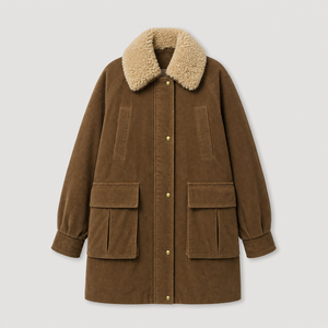 Women's <b>Brown</b> <b>Corduroy</b> Long <b>Jacket</b> With Fur Trim Collar Utility Style Full Sleeve Patch Pockets Autumn Winter Wear - Product Image 2