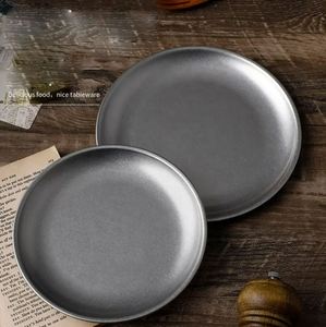 Wholesale Round Restaurant Dinner Plates Korean Simple and Retro Frosted Matte Silver Stainless Steel Plate - Product Image 1