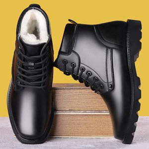 Men's Winter Fleece Lined Warm Boots Black <b>Wool</b> Lace Up Thickening 1 Cm Heel Mid Calf Waterproof Soft Leather Shoes - Product Image 3