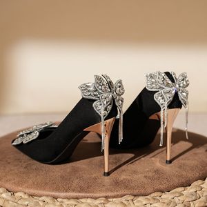 Chaussures à talons aiguilles noires à bout pointu avec décor floral en strass, chaussures de soirée de mariage à talons hauts 9888A-099 - Product Image 4