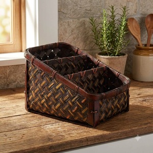 Porte-stylos en bambou tissé artisanal, organisateur de bureau à 3 compartiments, boîte de rangement pour fournitures de bureau - Product Image 1