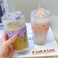 Gobelet en verre sodocalcique réutilisable de 460 ml avec logo personnalisé, manchon à lettres colorées et couvercle à paille, pour la maison et le bureau