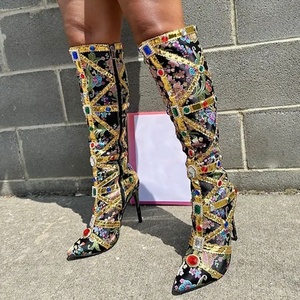 Colorful Diamonds Women's Knee High <b>Boots</b> Pointed Toe Metal Decor Glitter Long Booties Embroidered on Stiletto Heels - Product Image 4