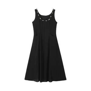 Runqi Plus Size Women's A-Line U-Neck <b>Linen</b> <b>Dress</b> Natural Waist Vintage Solid Color Black <b>Maxi</b> <b>Dress</b> Wide Shoulder Strap - Product Image 1