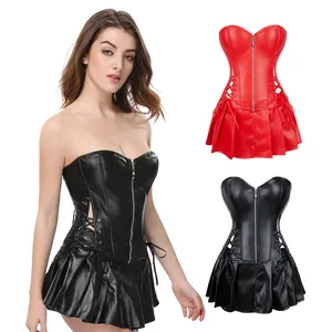 Sexy Zwart Rood Pu Leer Mouwloos Rits Low Cut Sexy Clubwear Mini Jurk Party Corset Club Rok