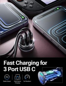 Chargeur de voiture LISEN en métal 72W triple USB C, charge rapide PD 36W PPS, adaptateur allume-cigare <span class=keywords><strong>3</strong></span> ports Type C, <span class=keywords><strong>prise</strong></span> d'alimentation pour voiture et camion - Product Image 3