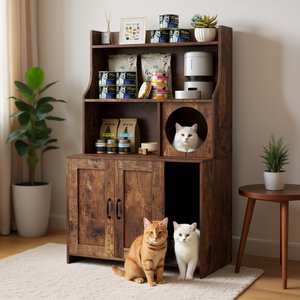 Enclos pour litière de chat en bois de style industriel moderne avec étagères de rangement, meuble pour animaux de compagnie, brun - Product Image 2