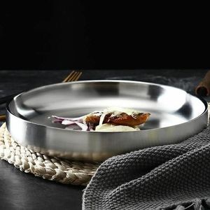 Plaque isolante thermique double couche en acier inoxydable, plat rond à fond plat de 27,9 cm pour usage domestique, plateau à fruits et barbecue - Product Image 2