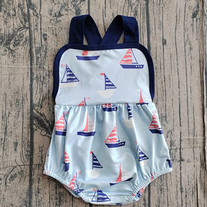 SR3945 Mono sin mangas personalizado para bebé, con estampado de barco azul, para niña, conjunto de burbujas de algodón y elastano, lindo y adorable - Product Image 1
