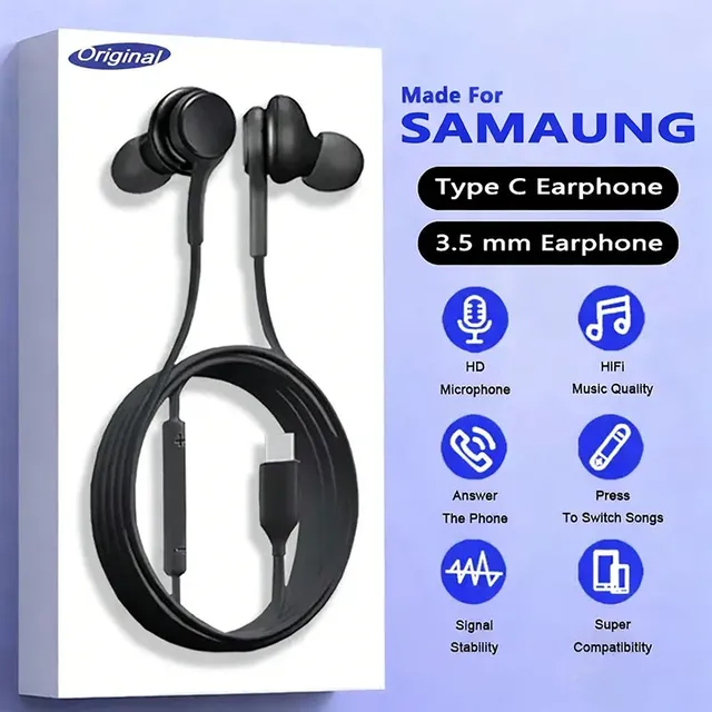 Type-C 3.5mm Wired Microphone In-Ear Earbuds for for S25/S23/S22/S21 Ultra Plus-Music & Calls