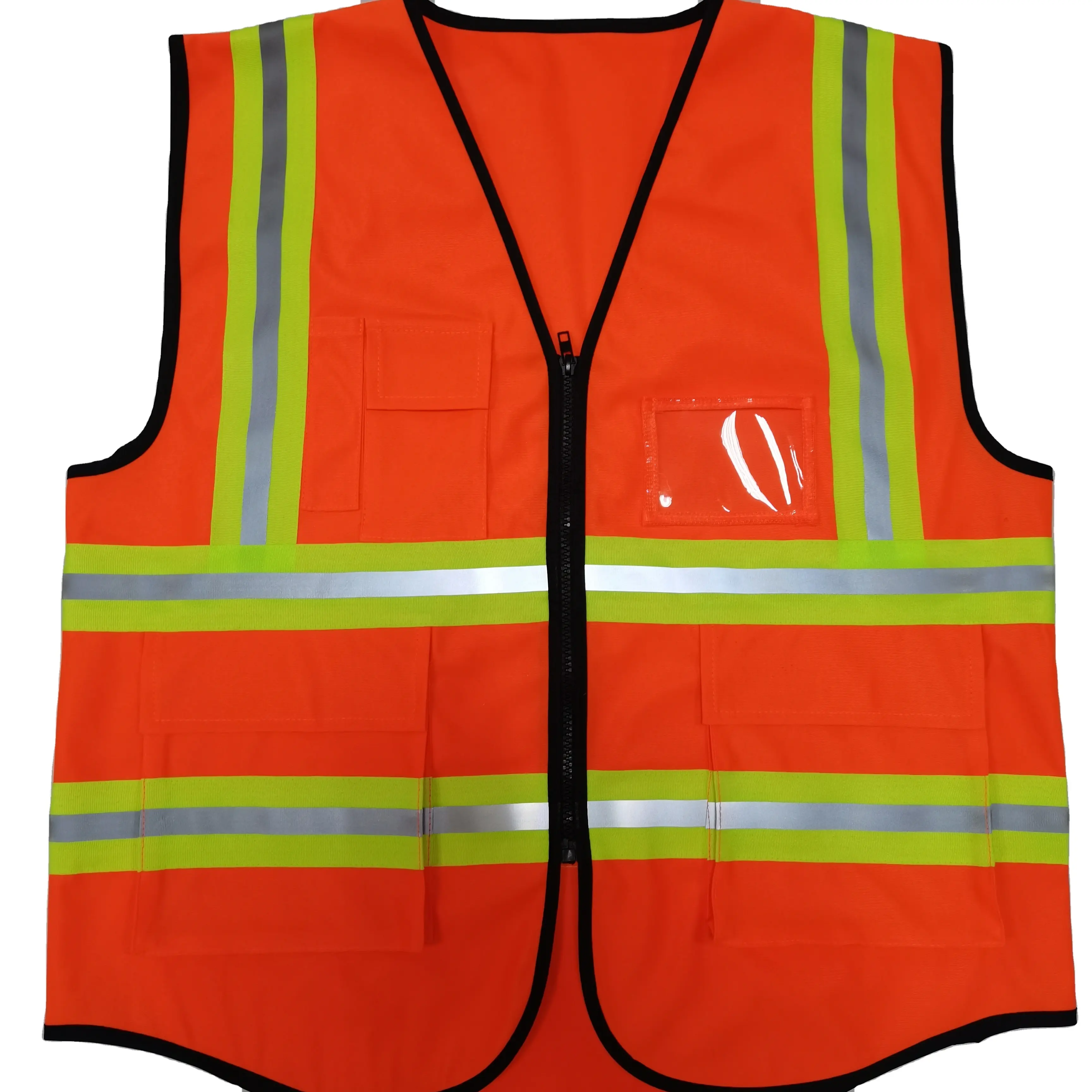 Gilet réfléchissant Orange personnalisé OEM, avec poches et fermeture éclair, veste de sécurité