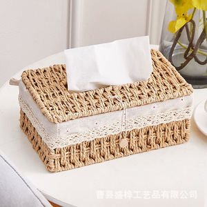 Handmade Woven <b>Tissue</b> Box <b>Paper</b> Rope Brown With Lace Car Living Room Bathroom Decor Pull Out <b>Tissue</b> Storage - Product Image 2