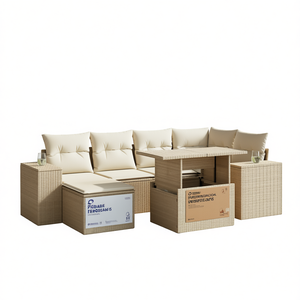 Ensemble de canapés de jardin en rotin beige 6 places, mobilier d'extérieur avec rangement, design contemporain - Product Image 1