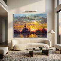 Peinture à l'huile sur toile peinte à la main, grande toile de paysage marin au coucher du soleil, texture épaisse, œuvre maîtresse au couteau à palette pour la décoration de salon de luxe