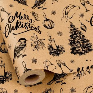 MAYPLUSS Kraft Christmas Wrapping Paper Roll 17 Inch x 33 Feet Vintage Bird Tree Ornament Pattern Brown - Product Image 1